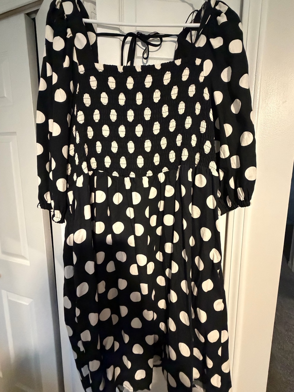 NWT Ava and Viv Black and Khaki Polka Dot Smocked Dress